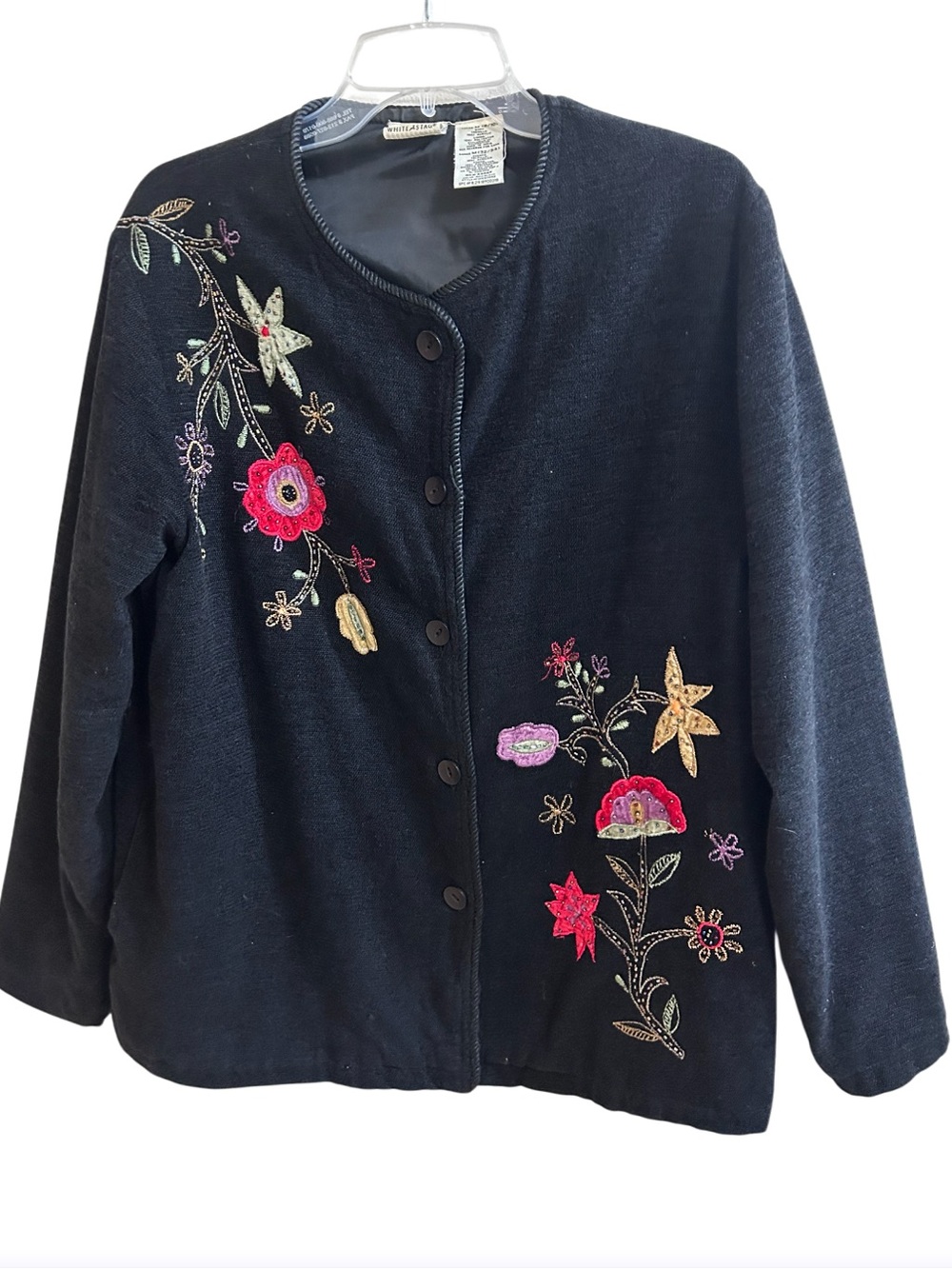 Vintage White Stag Black Floral Embroidered Chenille Cardigan Jacket Medium